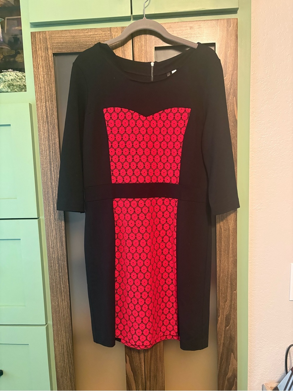 Kensie Black Midi Dress with Red Lace-Patterned Panels